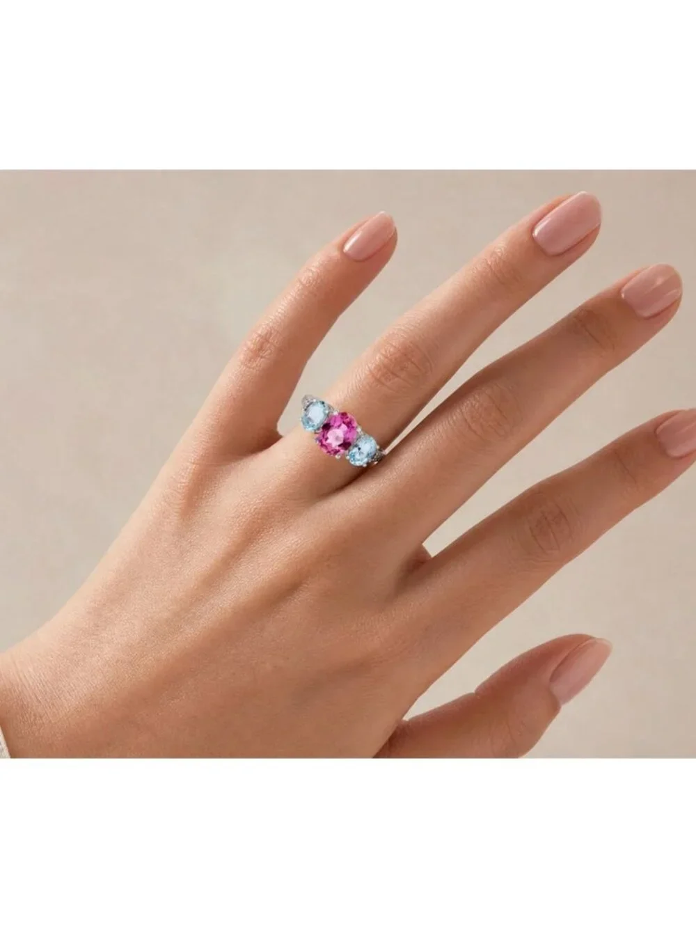 Genuine 1.56 Ct Pink Sapphire, Aquamarine & Diamond Ring Solid 10k White Gold